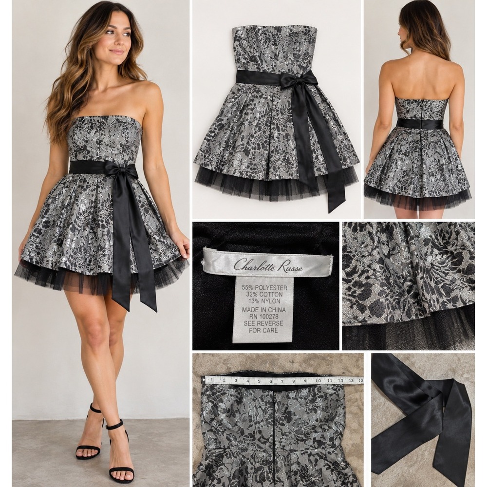 Charlotte Russe Strapless Silver Black Brocade Tulle Party Dress Y2K